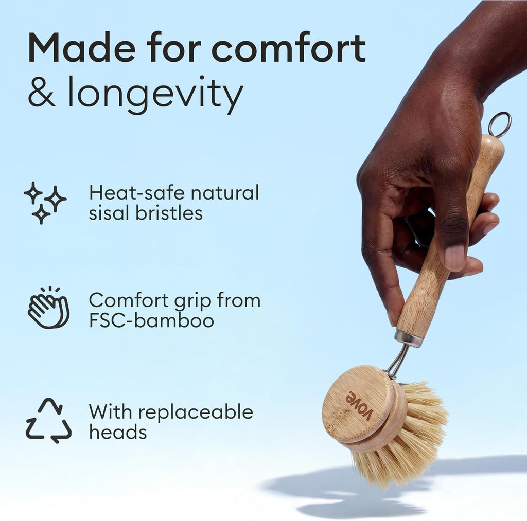Eco-Friendly Bamboo Dish Brush 🌿 Replaceable Kitchen Scrubber 🧽 Sustainable & Durable Cleaning Tool